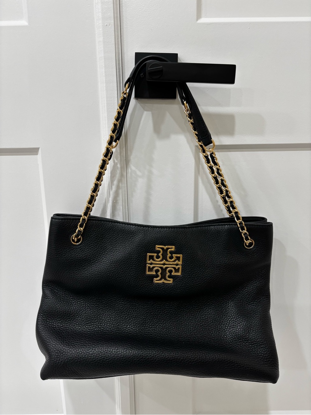 Tory Burch Black Pebbled Leather Shoulder Tote with Gold Chain